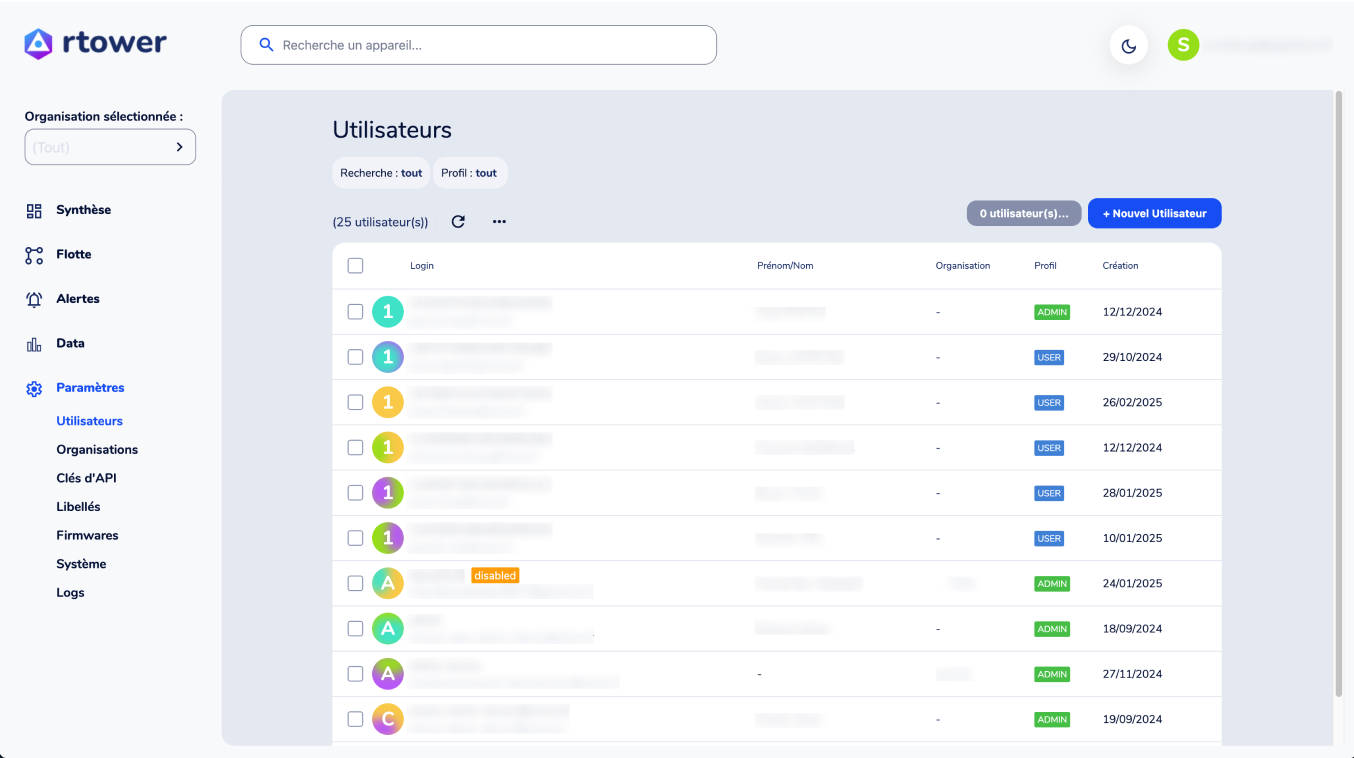 Gestion des utilisateurs dans Rtower